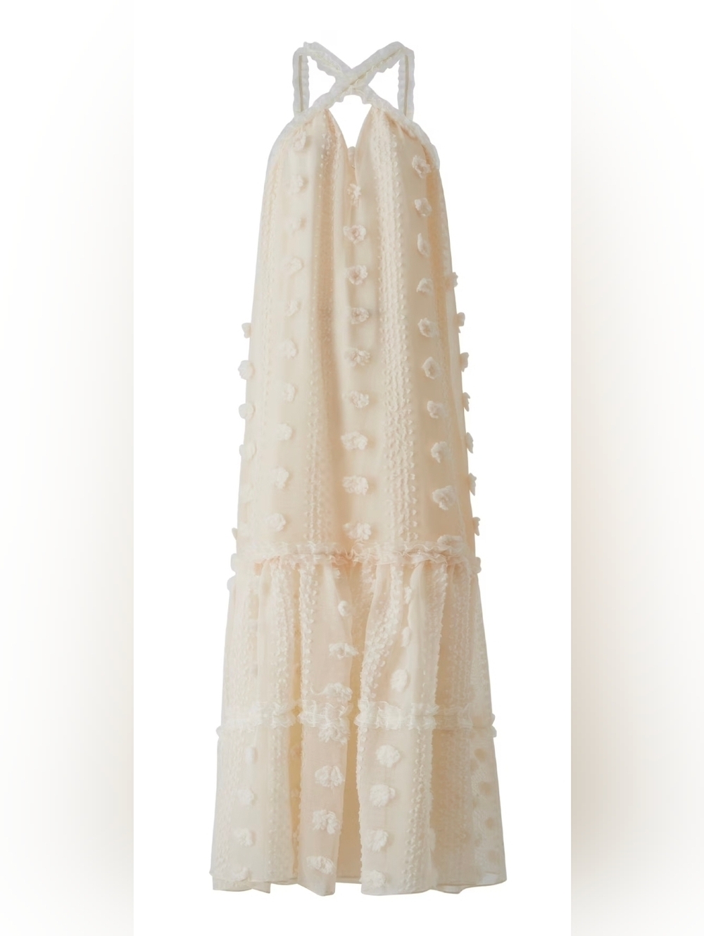 Cream Textured Maxi Dress with Pom-Pom Details Size S